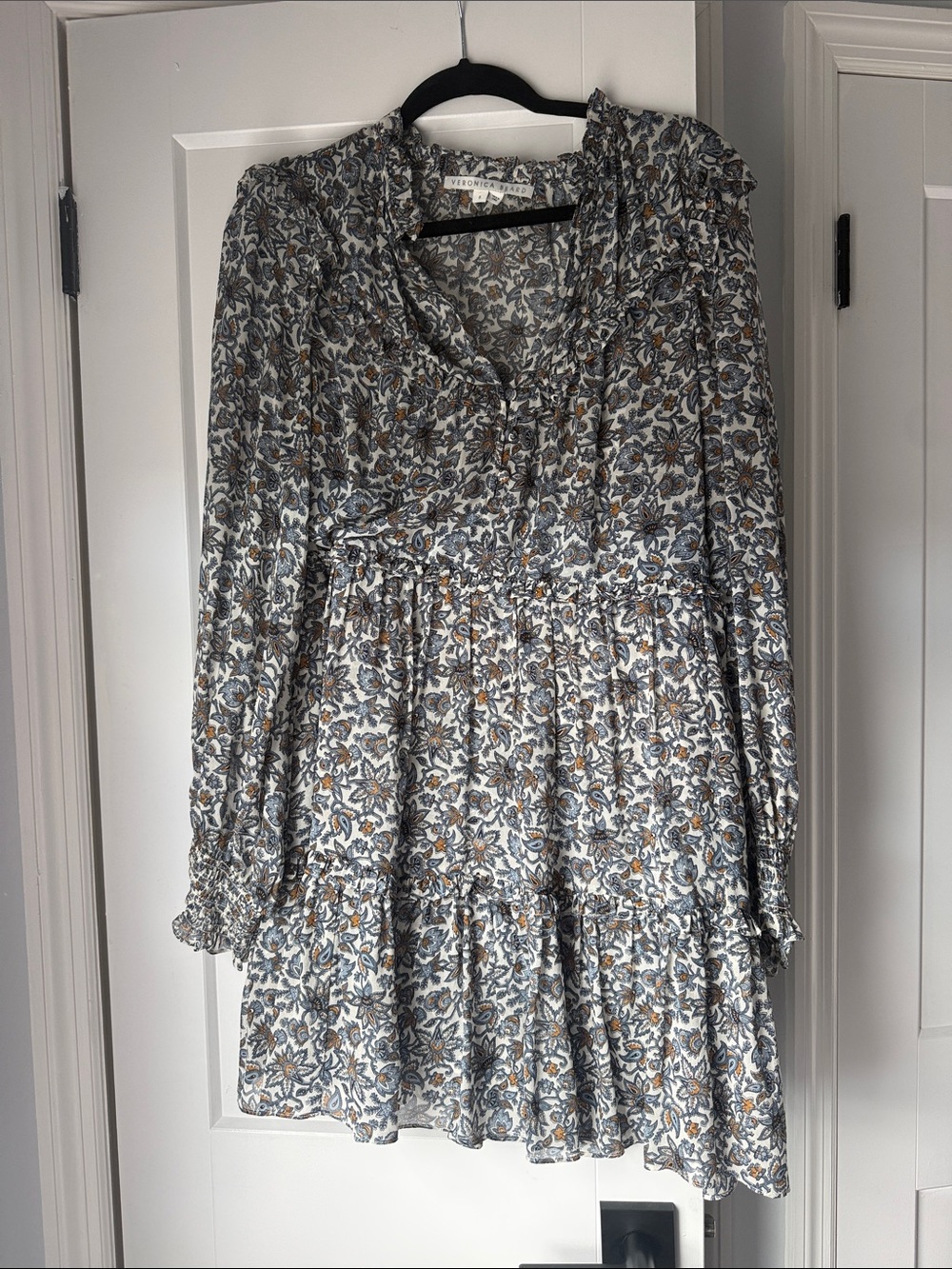 Veronica Beard Light Blue Floral Tiered Long-Sleeve Dress